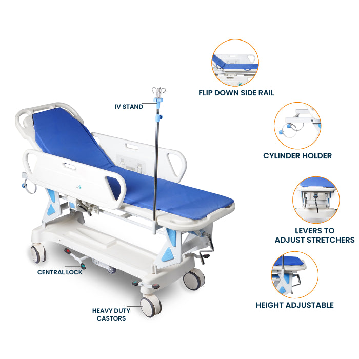 ARREX STR 10 - HOSPITAL TROLLEY COMES WITH CENTRAL LOCK, CYLINDER HOLDER, AND LEVERS TO ADJUST STRETCHERS