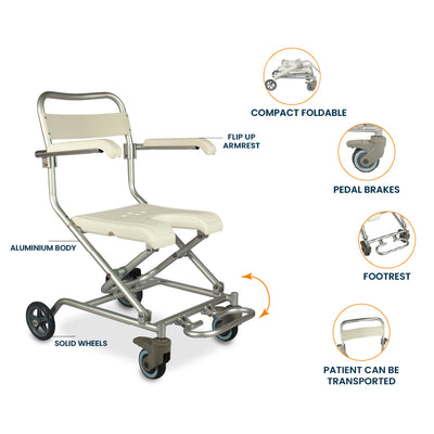 ARREX LA30 BATH BENCH WITH WHEELS - PEDAL BRAKES, FOOTREST, FLIP ARMREST FOR MOBILITY AND COMFORT