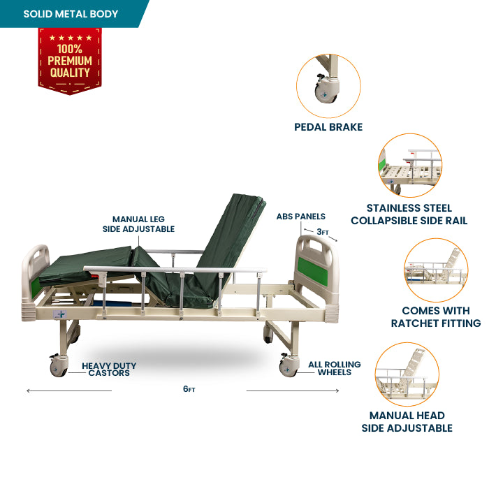 ARREX UNO PRO MANUAL HOSPITAL BED - Adjustable Levers, Pedal Brakes, Rolling Wheels