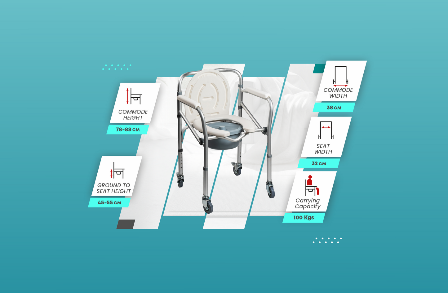 ARREX VP40 U STEEL COMMODE CHAIR: CHROMED STEEL FRAME, SOLID CASTOR WHEELS WITH BRAKES, HEIGHT ADJUSTABLE, ATTACHED POT, DURABLE AND RELIABLE