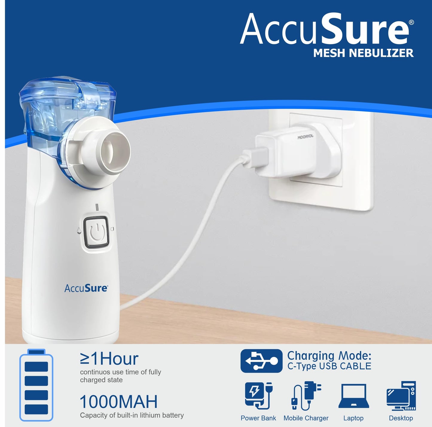 AccuSure Portable Mesh Nebuliser Machine With Box - Handheld Nebuliser Personal Asthma Pump For Breathing Problems For Travel, Home Daily Use