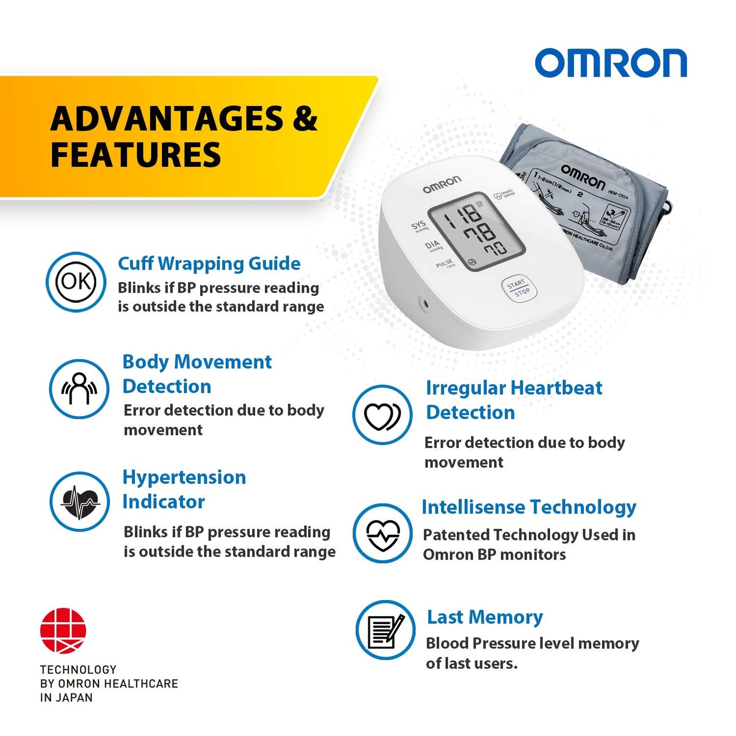 Omron HEM 7121J Fully Automatic Digital Blood Pressure Monitor with Intellisense Technology & Cuff Wrapping Guide for Most Accurate Measurement