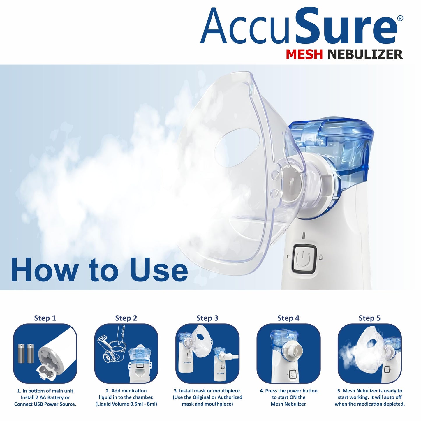 AccuSure Portable Mesh Nebuliser Machine With Box - Handheld Nebuliser Personal Asthma Pump For Breathing Problems For Travel, Home Daily Use