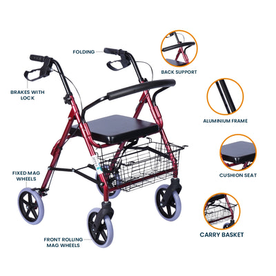 ARREX MR10 ROLLATOR - BRAKES WITH LOCK, MAG WHEELS, BACK SUPPORT, CUSHION SEAT