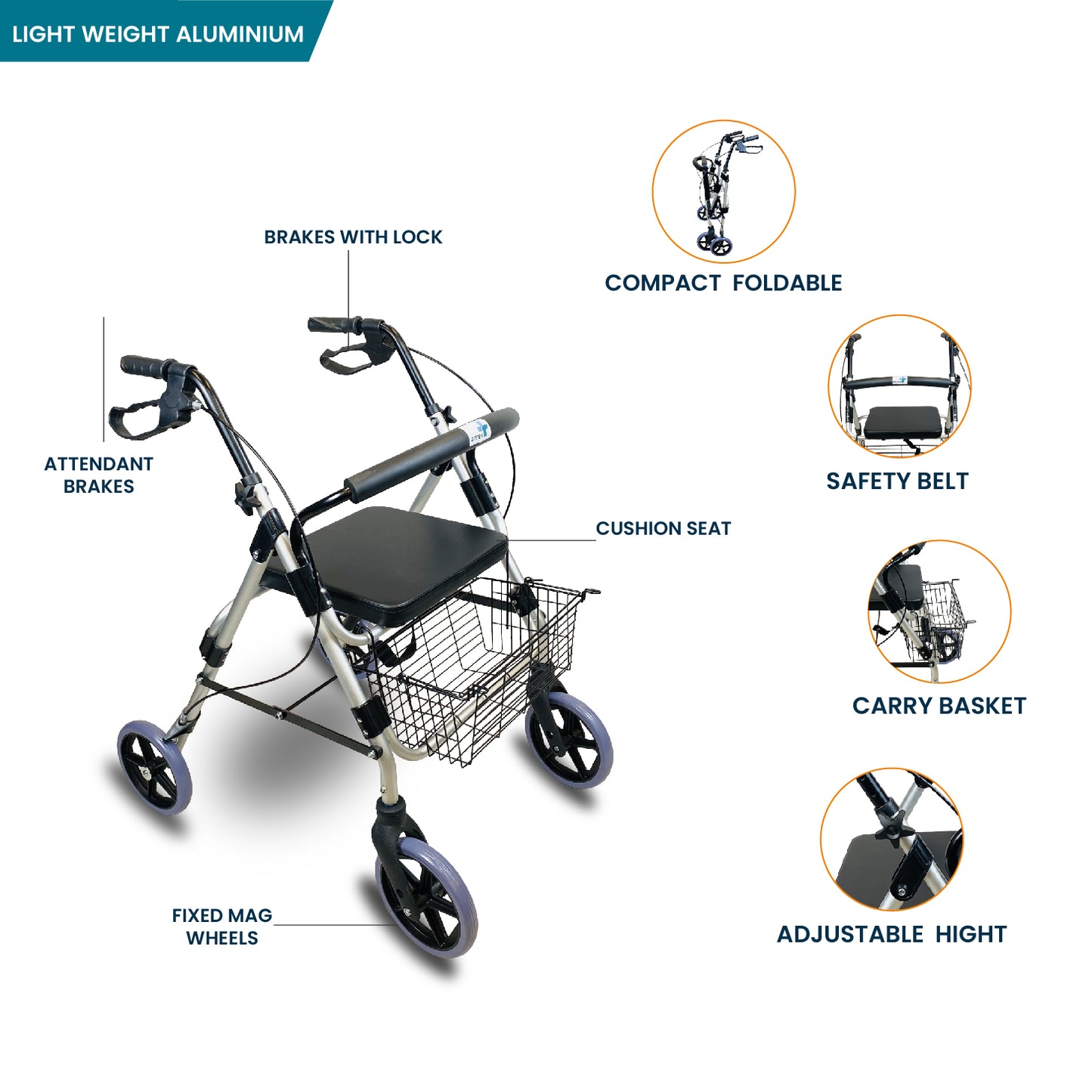 ARREX MR50 ROLLATOR - BRAKES WITH LOCK, MAG WHEELS, BACK SUPPORT, CUSHION SEAT