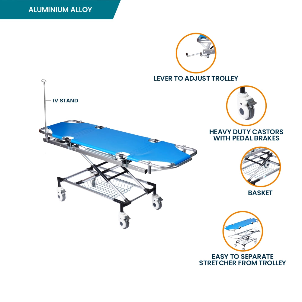 ARREX STR 150 - MUST-HAVE HOSPITAL STRETCHER ON TROLLEY WITH LEVER-ADJUSTABLE, HEAVY DUTY CASTORS, 130 KG CAPACITY, BASKET, AND PEDAL BRAKES